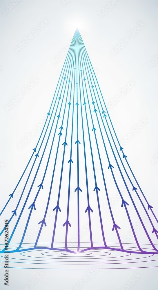Obraz premium Multiple upward flowing lines with arrows converge toward a bright point at the top