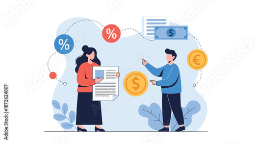 A financial advisor explaining loan terms and interest rates to a client, discussing investment options with various currencies.