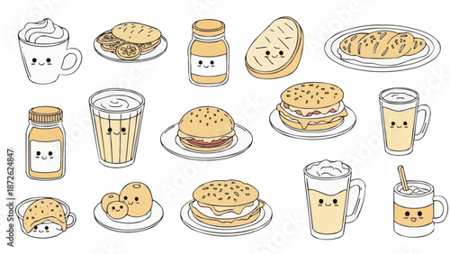 Cute Kawaii Food and Drink Collection with Happy Faces.