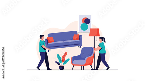 Young couple moving into a new apartment or house, working together to carry a sofa and arrange furniture in their new living space.