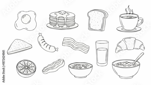 Hand drawn breakfast food items collection sketch.