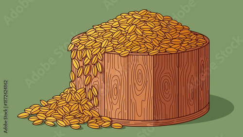 Golden Coins Overflow From Wooden Barrel.