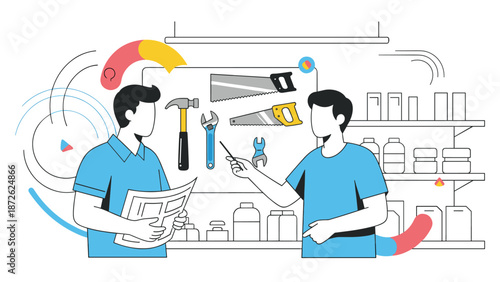 A hardware store employee assisting a customer by recommending the right tools like saws and wrenches for a DIY home project.