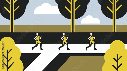 Three stylized runners jog along a path in a park with trees and clouds in a flat vector illustration on transparent background silhouette