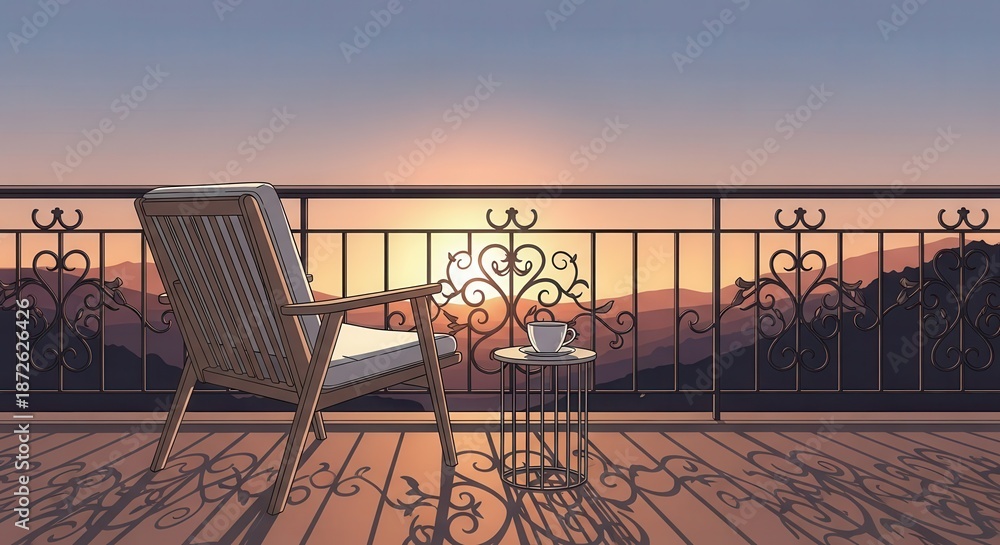 Naklejka premium Wooden outdoor chair and small table sit upon a balcony overlooking a mountainous landscape during sunrise or sunset