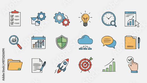 Business and Technology Icons Set for Project Management and Strategy.