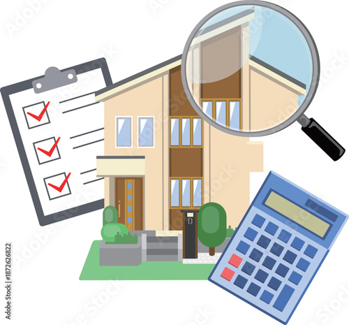 家を査定しているイメージイラスト