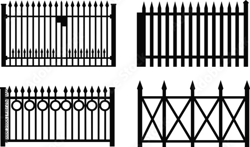 Black metal fence silhouettes set vector illustration, decorative iron gate designs, security barrier elements, architectural outdoor fencing collection, minimalist cutout style