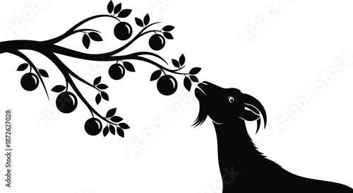 Black silhouette goat reaching fruit tree branch minimalist nature vector illustration wildlife concept, organic farming symbol, rural pastoral design, elegant cutout style