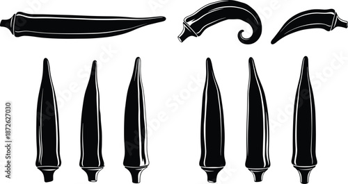 Black ornamental fence spear finials silhouettes vector illustration set, decorative iron railing tips collection, architectural metal elements, vintage cutout design