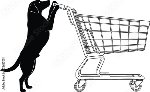 Dog pushing shopping cart silhouette vector illustration, funny animal retail concept, pet human behavior parody, consumer lifestyle design, minimalist black outline style