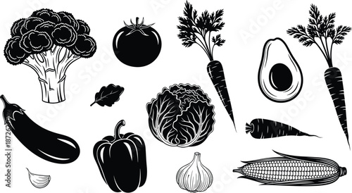 Black vegetable silhouette collection vector illustration, healthy food icons set with broccoli carrot avocado tomato corn cabbage pepper for organic farming design