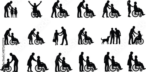 Caregiver assisting wheelchair users silhouettes set vector illustration, disability support scenes, family and healthcare aid concept, social care activities, minimalist black cutout style