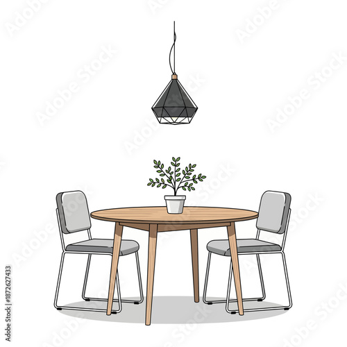 Modern Dining Area: Round Table, Two Chairs, Pendant Light, Potted Plant, Minimalist Decor
