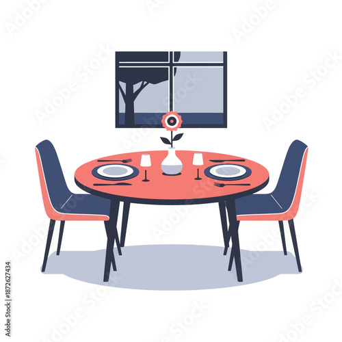 Cozy Dining Room Setting: Round Table, Two Chairs, Vase with Flower, Window View