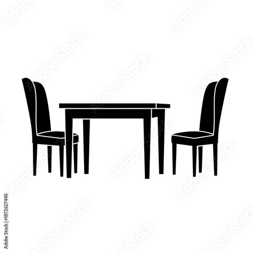 Elegant dining table with two chairs silhouette, black and white, isolated on white background