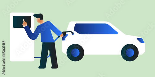 Man refueling car at gas station. Person filling car with gasoline. Illustration graphic design.