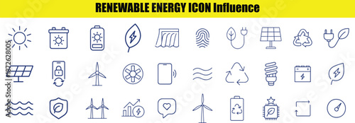 Set of blue line representing renewable energy sources and sustainability concepts on