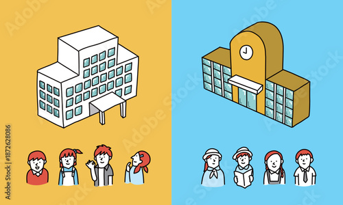 公立と私立の小学校の校舎と子供たちのイメージイラスト