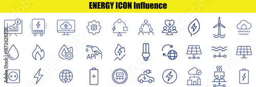 Energy depicting renewable energy sources, power plants, and energy-related symbols in a