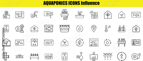 Collection of black and white line illustrating different aspects of aquaponics systems
