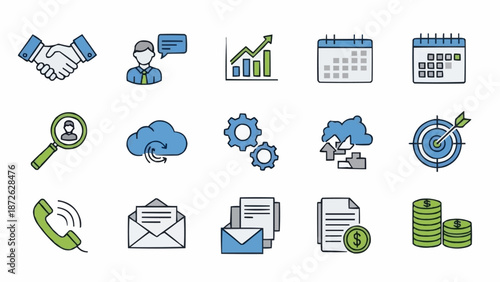 Business icons set for finance and technology concepts.