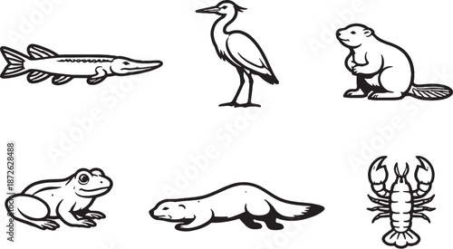 Wetland animals black and white line art icon set eps