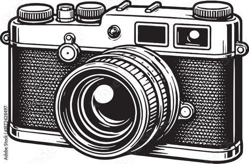 Vintage Rangefinder Camera Black and White Line Art Icon eps