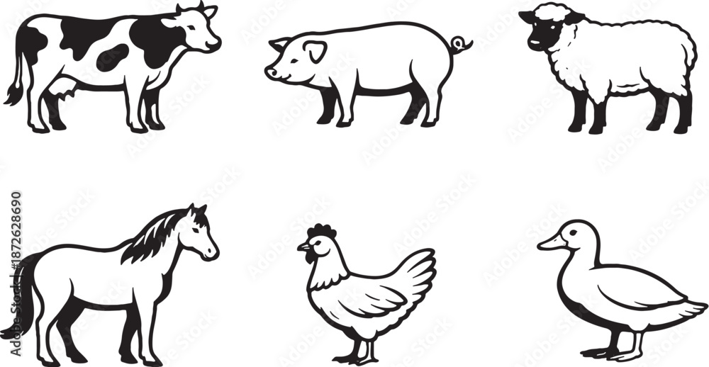 Fototapeta premium Farm animals black and white line art icon set eps