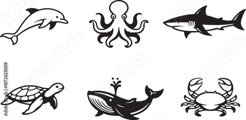Ocean animals black and white line art icon set eps