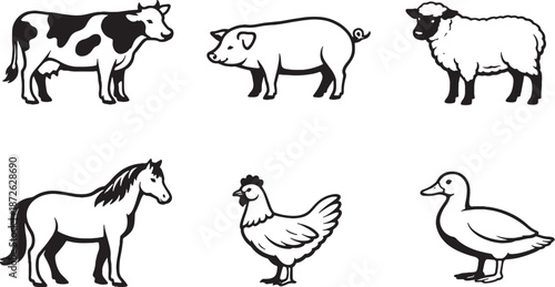 Farm animals black and white line art icon set eps