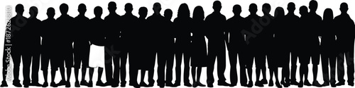 Large group of people silhouettes standing together, diverse crowd community unity concept vector illustration for society, teamwork, population, social background
