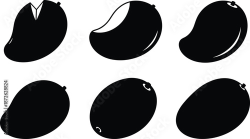 Mango fruit silhouettes vector set, black tropical mango shapes collection isolated on white background for food design, packaging, logo, and illustration use