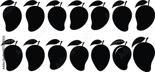 Mango silhouettes collection illustration, tropical fruit icons in various shapes, healthy food and organic nutrition concept, black and white vector design set