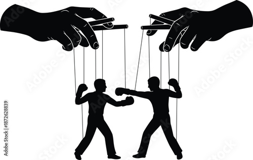 Marionette control boxing silhouettes vector illustration, power manipulation concept, human conflict puppetry, political influence metaphor, dark minimalist black cutout style