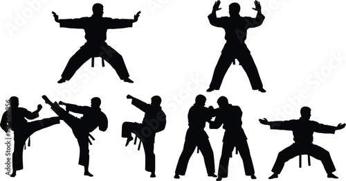 Martial arts fighter silhouettes performing karate stances, kicks, punches, and sparring techniques, isolated black vector illustration for combat training, sport, and self defense concepts
