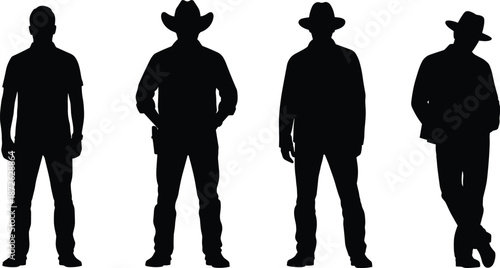 Men silhouettes standing poses set vector illustration, male figures with hats and casual outfits, fashion style concepts, human profile collection, minimalist black cutout design