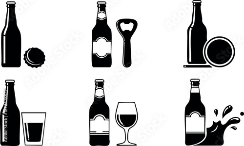 Beer bottles with caps, glasses, openers, and splash icons vector set for beverage design and bar themes