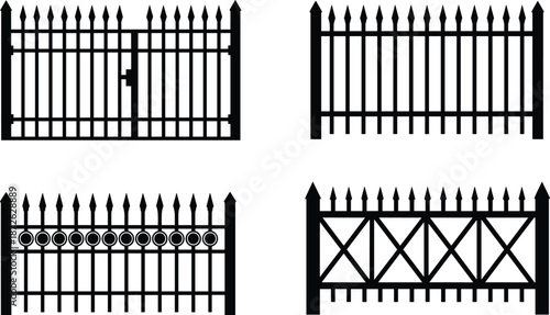Metal fence and gate silhouettes vector set, black iron railing designs isolated on white background for architecture, security, garden, and exterior design use