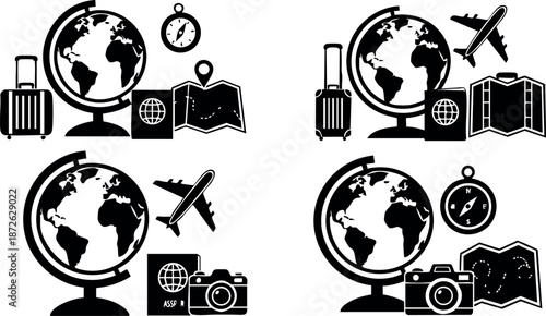 Globe with travel icons including suitcase airplane compass camera and map vector set for tourism and exploration design