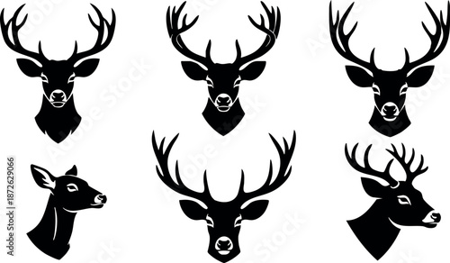 Deer head silhouettes with antlers vector set for wildlife and nature design elements