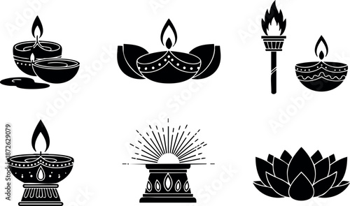 Diya lamps and lotus flower vector set for traditional festival decoration and spiritual ambiance black silhouette design