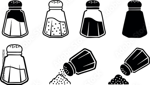 Salt and pepper shaker vector set with various pouring and closed positions black and white design