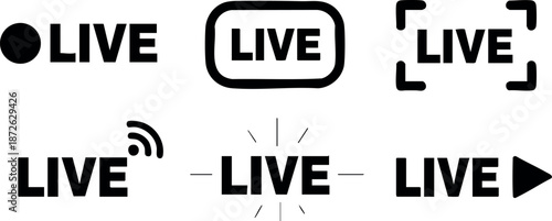 Live streaming icons set with various broadcast symbols and play button in black vector design