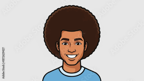 Cartoon man with large afro hairstyle smiling.
