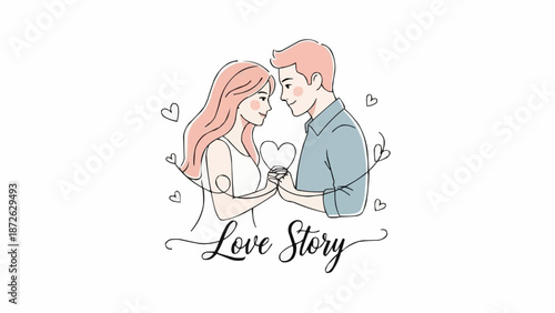 Couple in love holding hands with hearts and text love story.