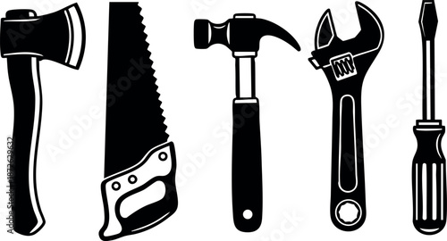 Set of black silhouette tools including axe saw hammer wrench screwdriver vector illustration