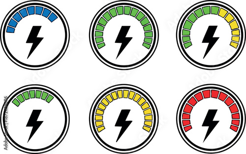 Electric power gauges showing various energy levels in colorful meter dials vector illustration