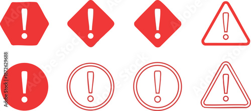Red exclamation mark warning signs vector icons set in different shapes for alert and caution design