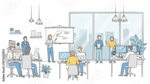 Business meeting in a modern office with people presenting and collaborating.